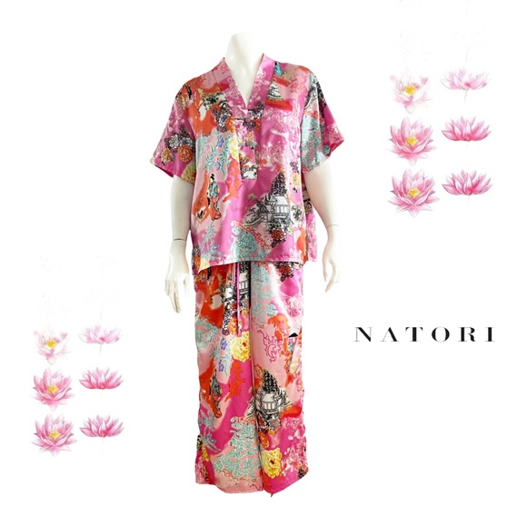Cruz Natori Japanese cherry blossom satin pajamas SZ M